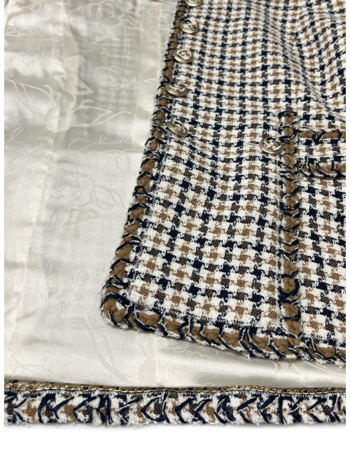 Veste CHANEL T40 pied de poule beige bleu blanc