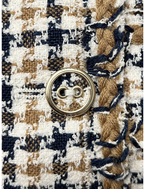 Veste CHANEL T40 pied de poule beige bleu blanc
