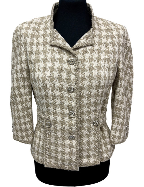 Veste CHANEL T 40 pied de poule beige blanc