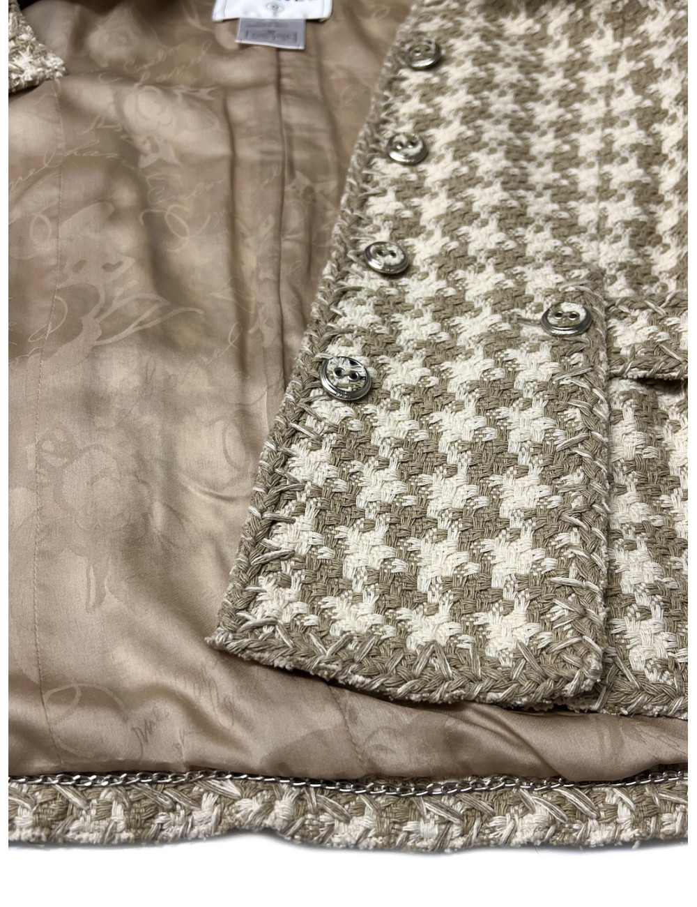 Veste CHANEL T 40 pied de poule beige blanc