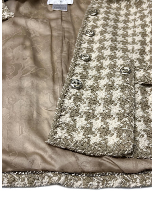 Veste CHANEL T 40 pied de poule beige blanc