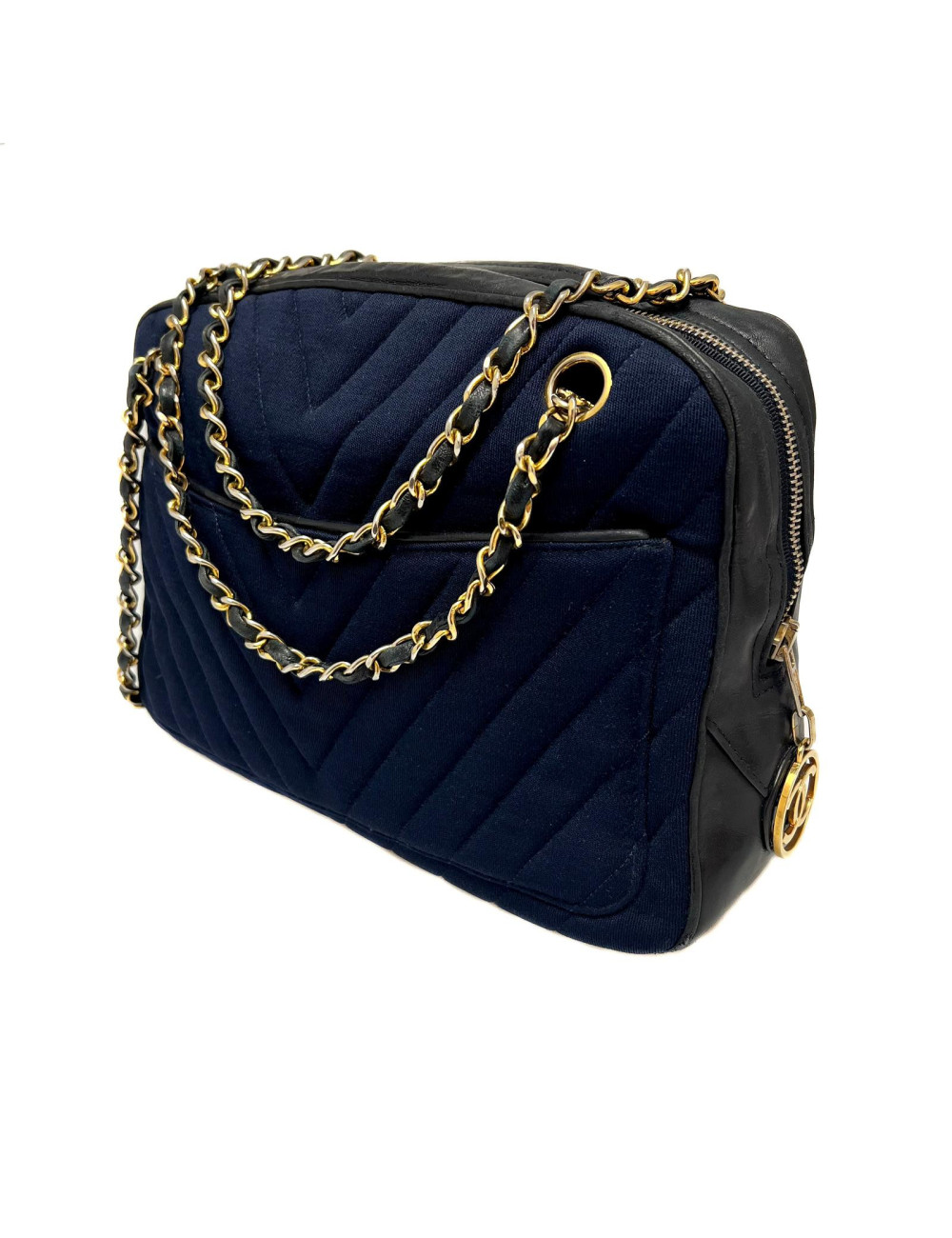 Sac caméra CHANEL jersey cuir bleu foncé