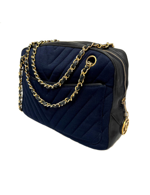 Sac caméra CHANEL jersey cuir bleu foncé