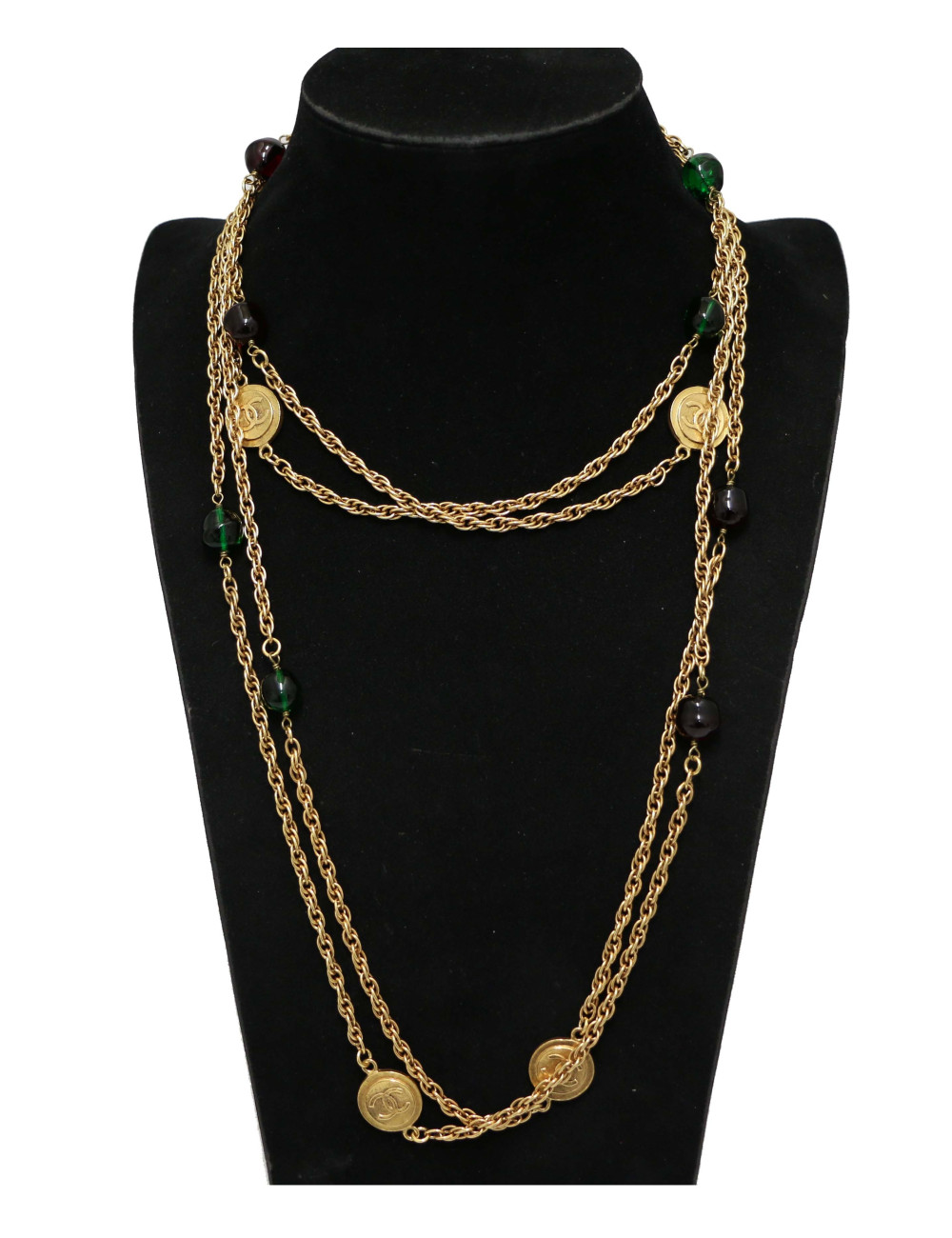 Sautoir CHANEL Gripoix pâte de verre rubis émeraude