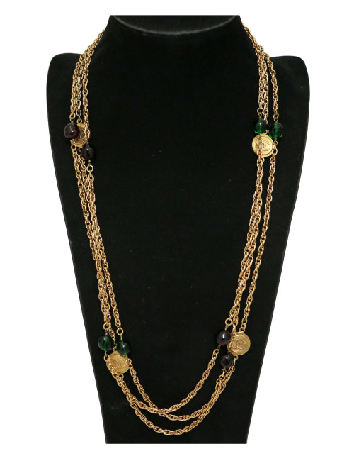 Sautoir CHANEL Gripoix pâte de verre rubis émeraude