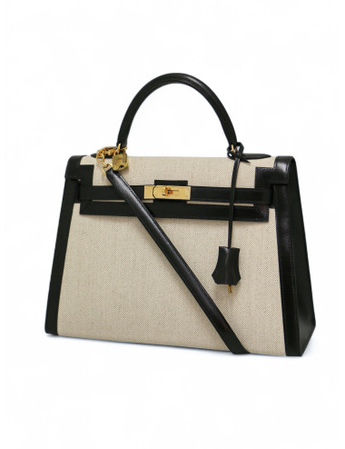 Sac Kelly 28 toile et cuir HERMES vintage