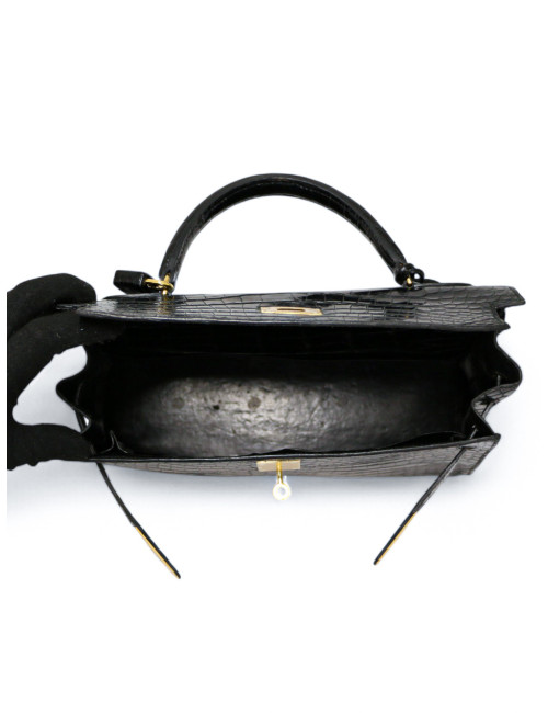 Sac vintage Kelly 32 HERMES croc noir