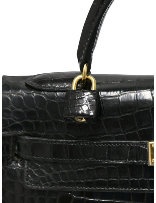 Sac vintage Kelly 32 HERMES croc noir