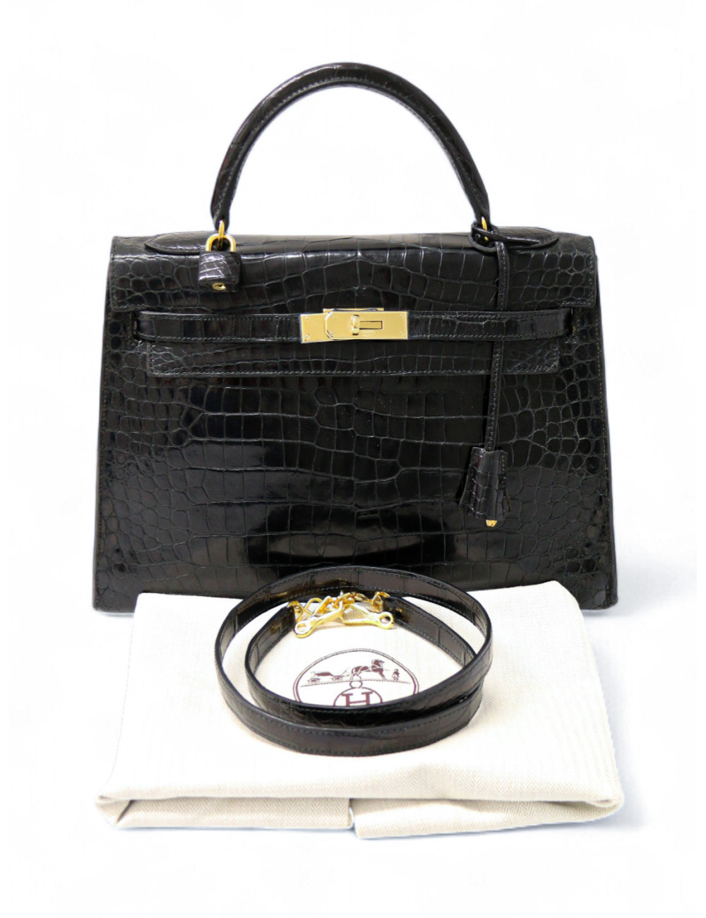 Sac vintage Kelly 32 HERMES croc noir