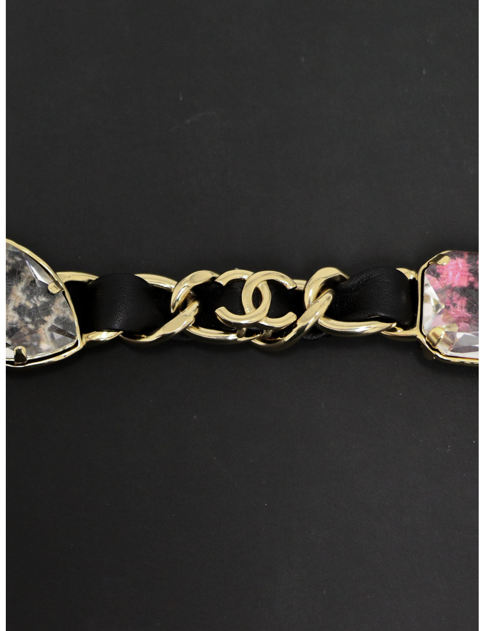 Ceinture CHANEL strass cuir et métal