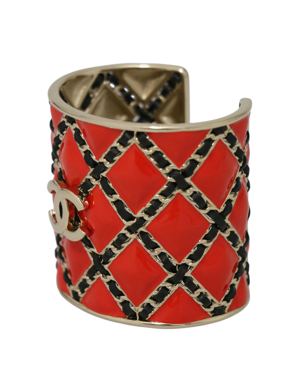 Manchette Chanel émaillée matelassée rouge, certifiée authentique