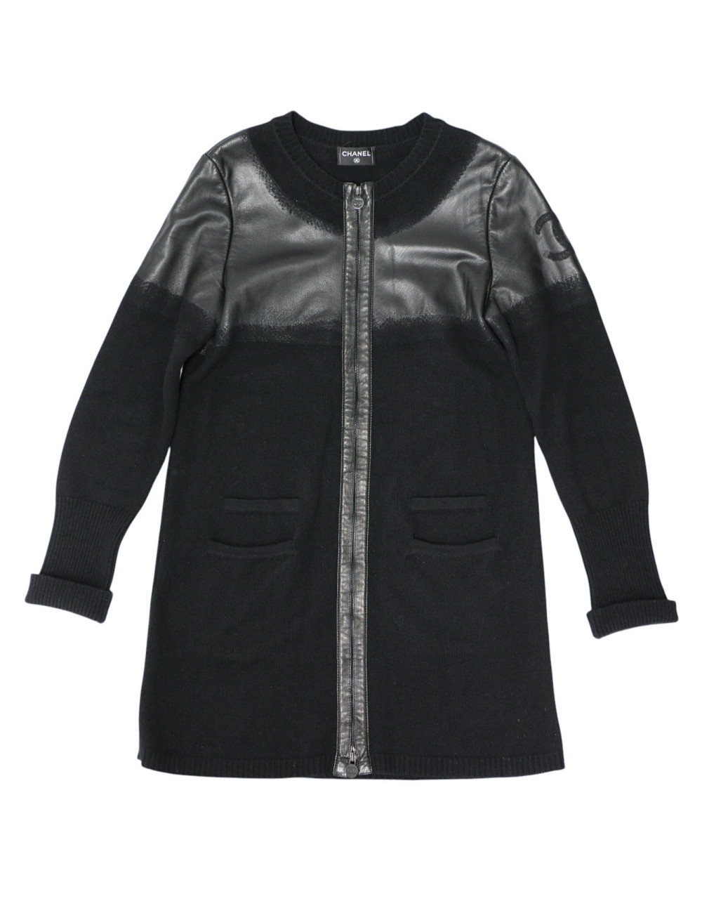 Manteau T42 laine et cuir d'agneau noir