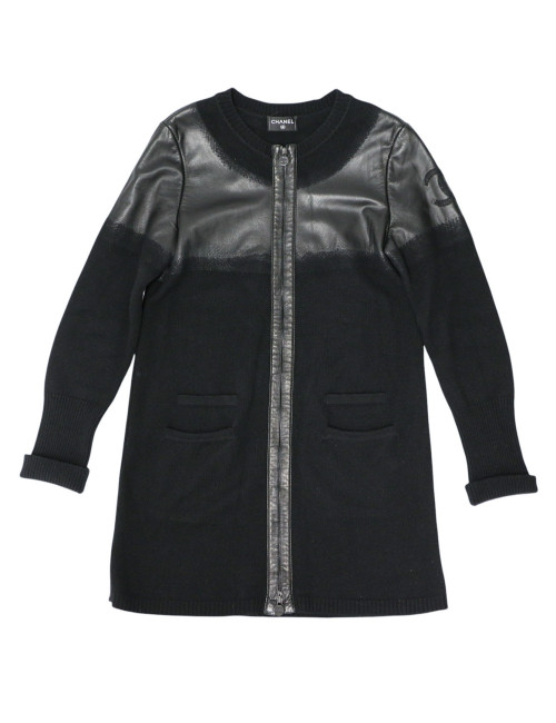 Manteau T42 laine et cuir d'agneau noir