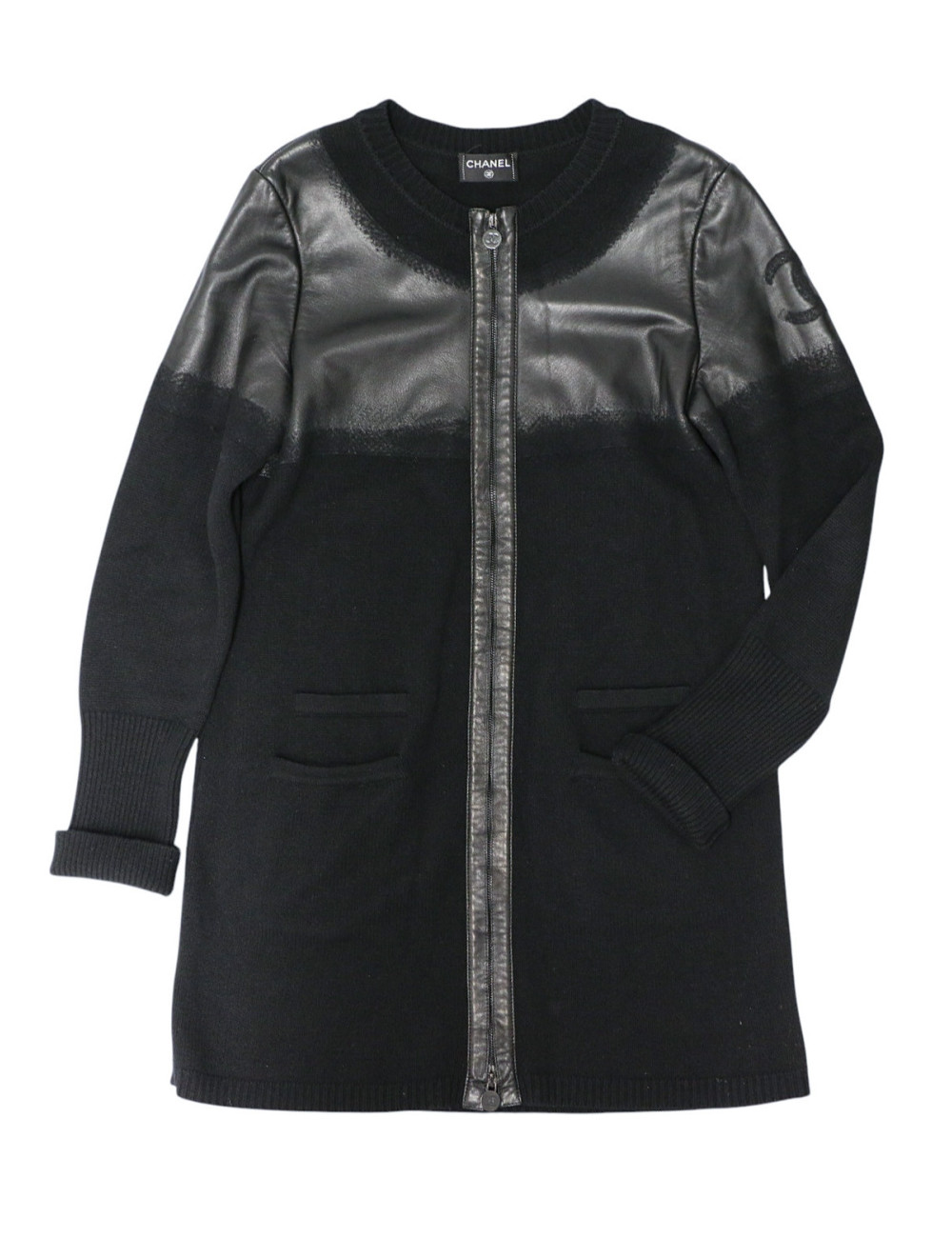 Manteau T42 laine et cuir d'agneau noir