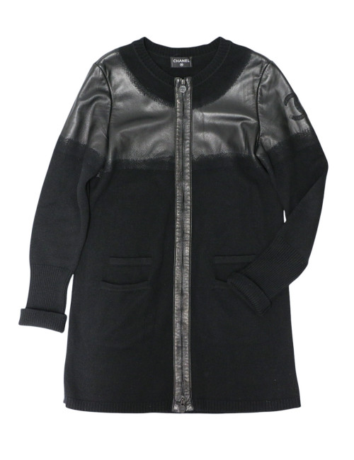 Manteau CHANEL T42 laine et cuir d'agneau noir