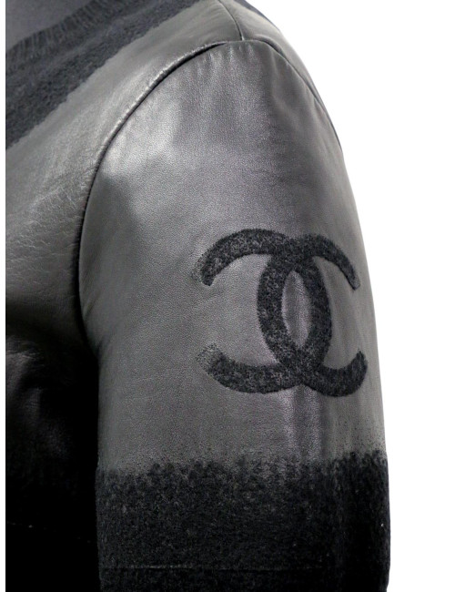 Manteau T42 laine et cuir d'agneau noir