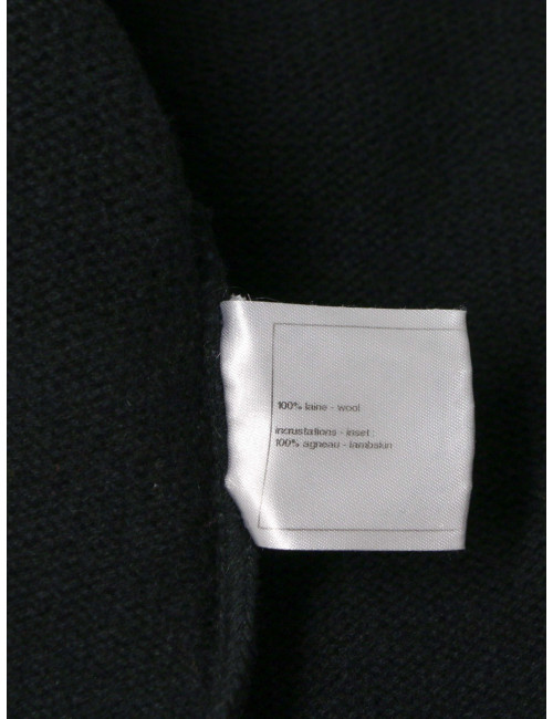 Manteau CHANEL T42 laine et cuir d'agneau noir