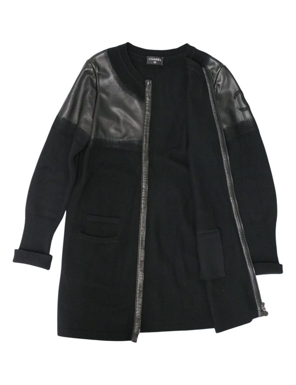 Manteau CHANEL T42 laine et cuir d'agneau noir