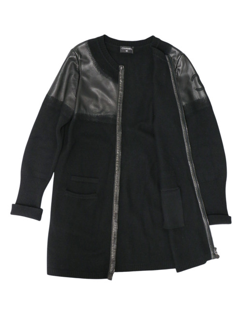 Manteau T42 laine et cuir d'agneau noir