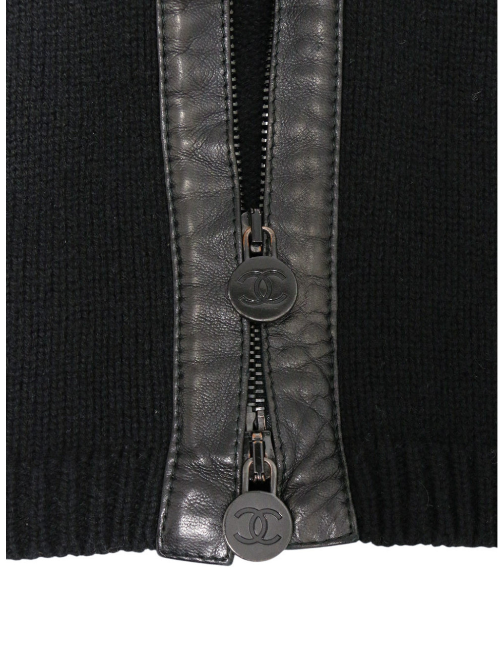 Manteau CHANEL T42 laine et cuir d'agneau noir