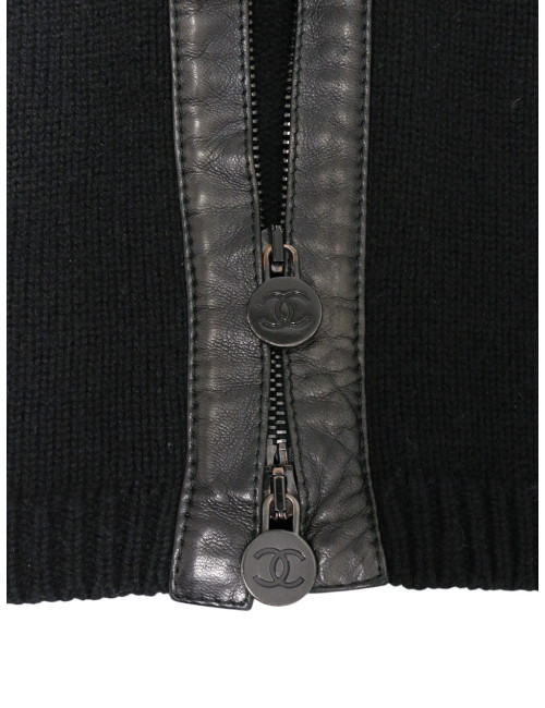 Manteau CHANEL T42 laine et cuir d'agneau noir