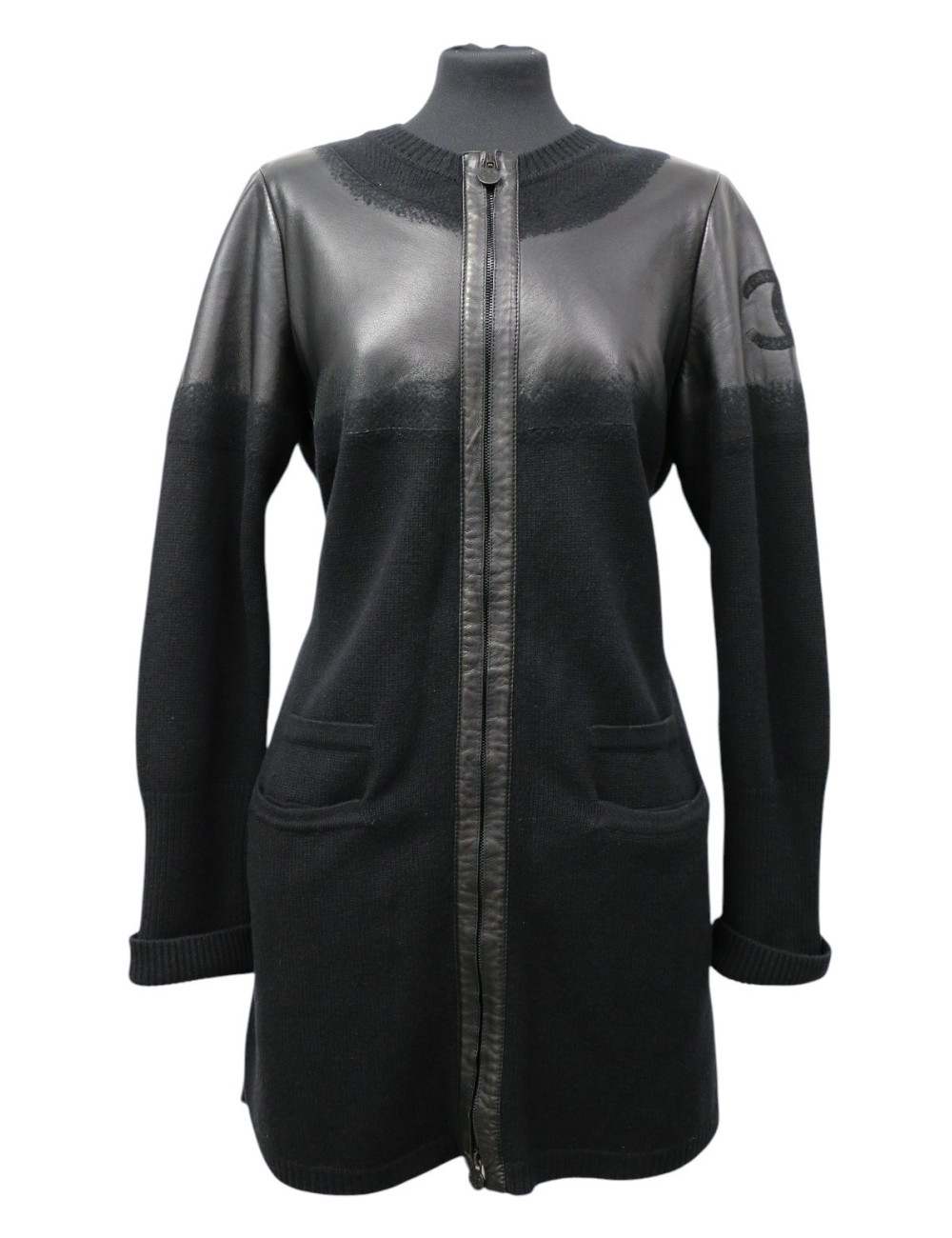 Manteau T42 laine et cuir d'agneau noir