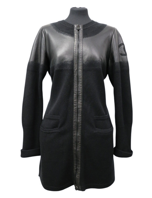 Manteau CHANEL T42 laine et cuir d'agneau noir