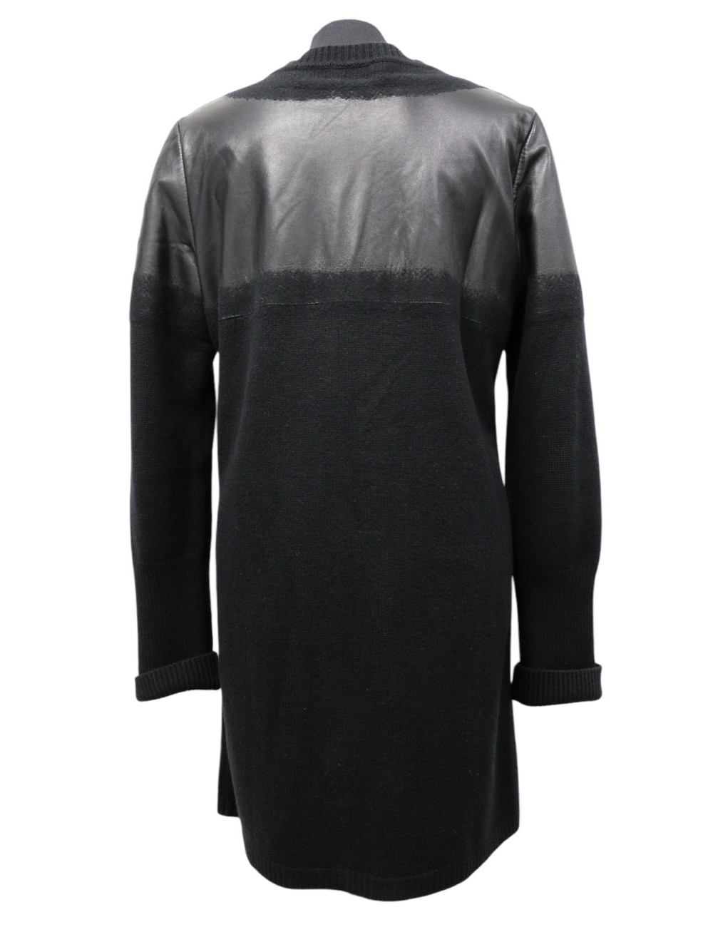 Manteau CHANEL T42 laine et cuir d'agneau noir