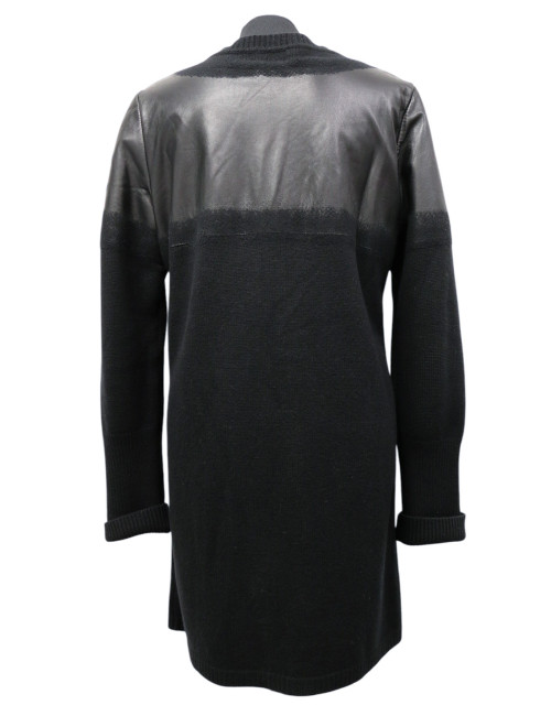 Manteau CHANEL T42 laine et cuir d'agneau noir