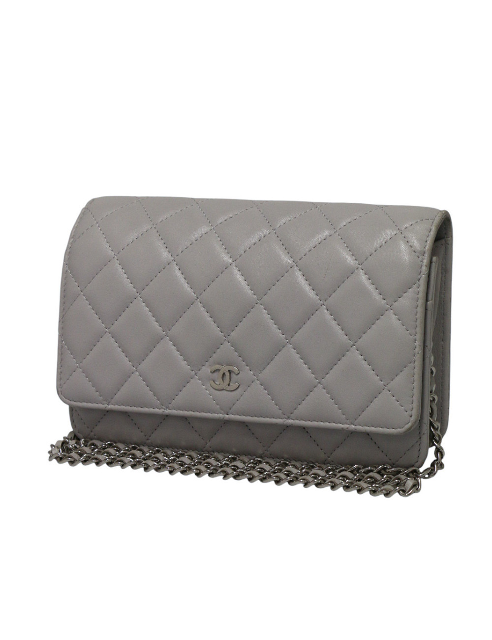 Wallet on chain CHANEL cuir d'agneau gris