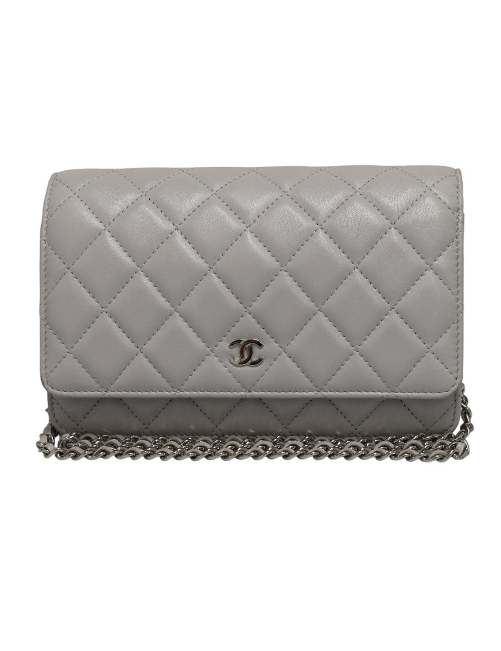 Wallet on chain CHANEL cuir d'agneau gris