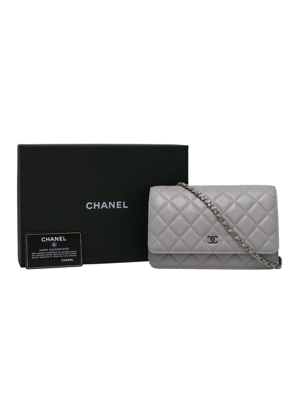 Wallet on chain CHANEL cuir d'agneau gris