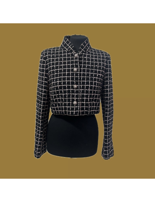 Veste courte CHANEL T 38 noire à carreaux rose