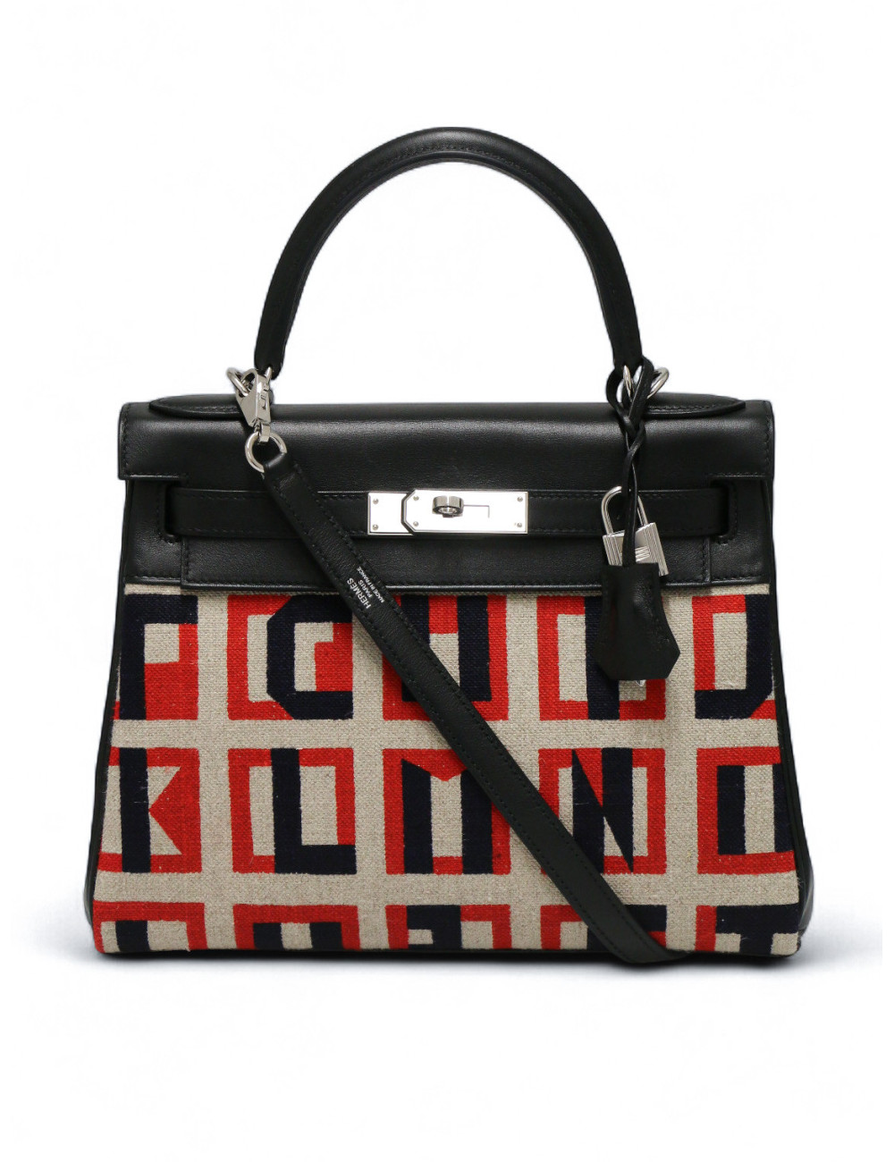 Kelly 28 toile de camp Hermès lettres au carré noir