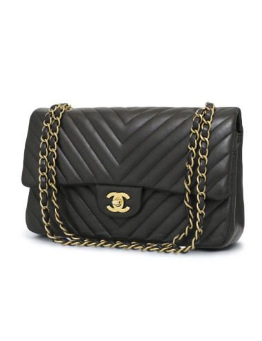 Sac classique double flap Chanel chevrons noir bijouterie dorée