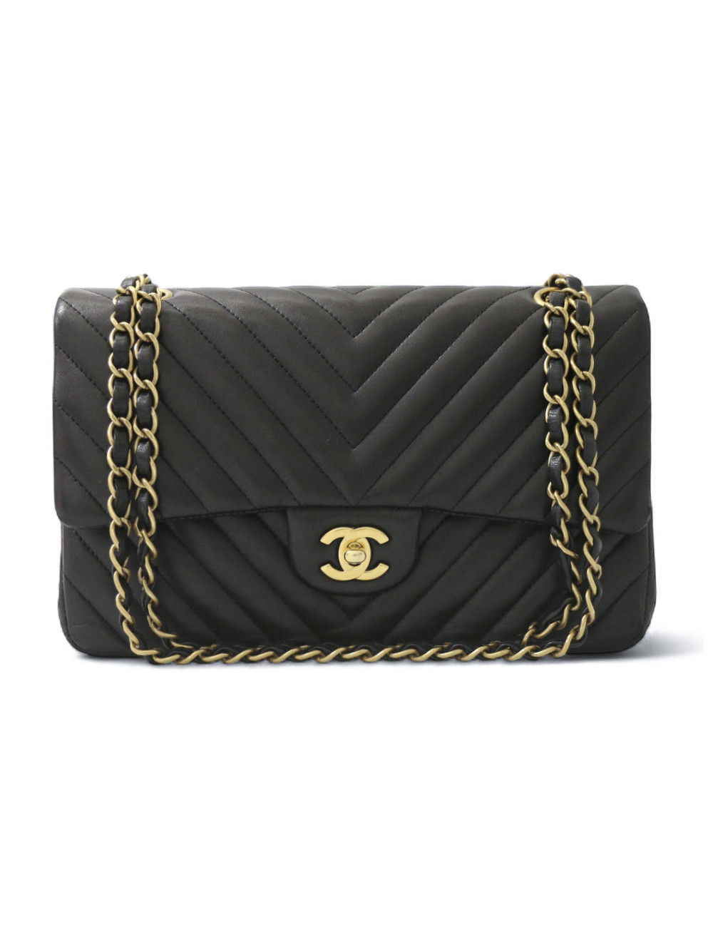 Sac classique double flap Chanel chevrons noir bijouterie dorée