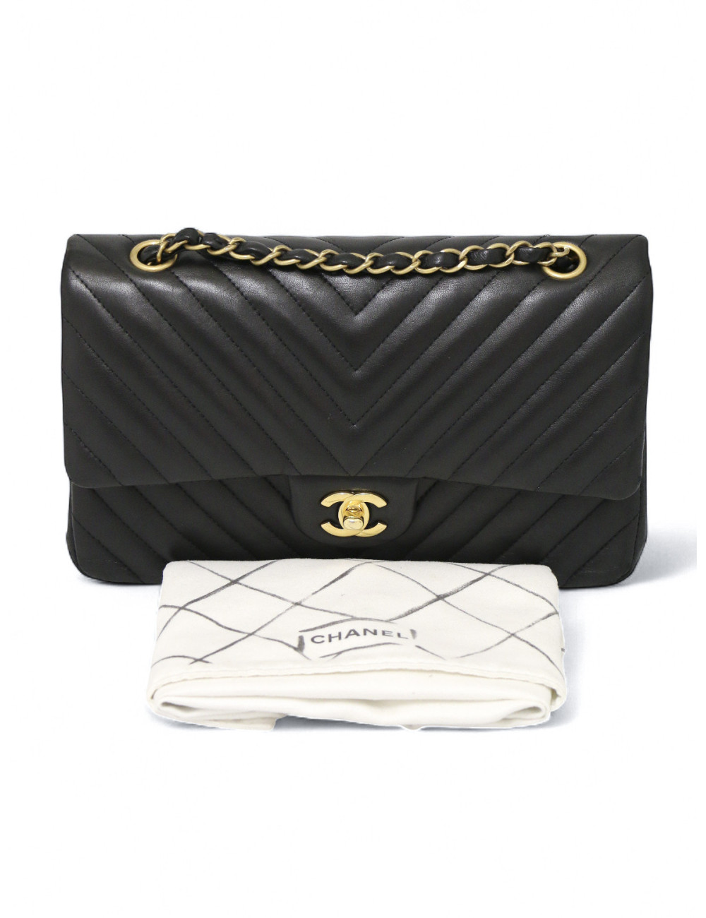 Sac classique double flap Chanel chevrons noir bijouterie dorée