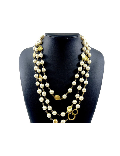 Long sautoir doré CHANEL avec fausses perles