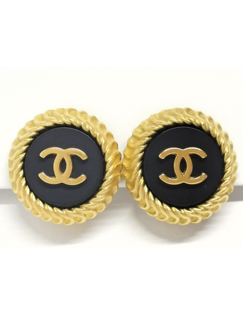 Boucles d'oreille clips rondes noires et dorées CHANEL