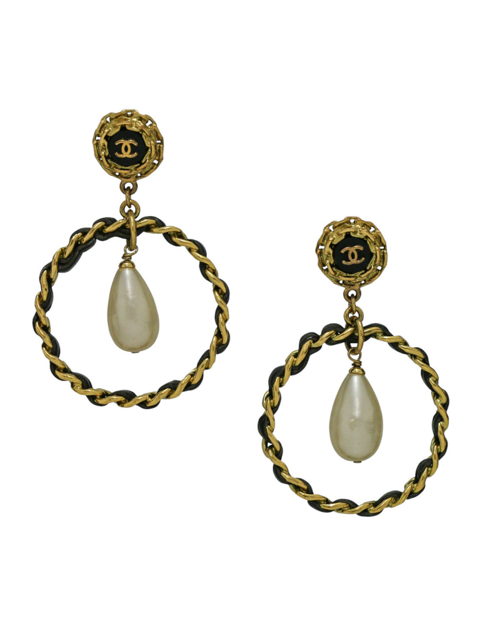 Boucles d'oreille Chanel cuir et métal doré