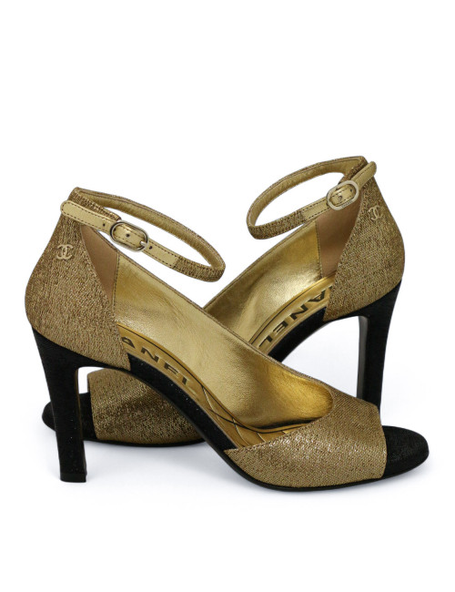 Escarpins Chanel Couture T36,5 bicolores dorés noir