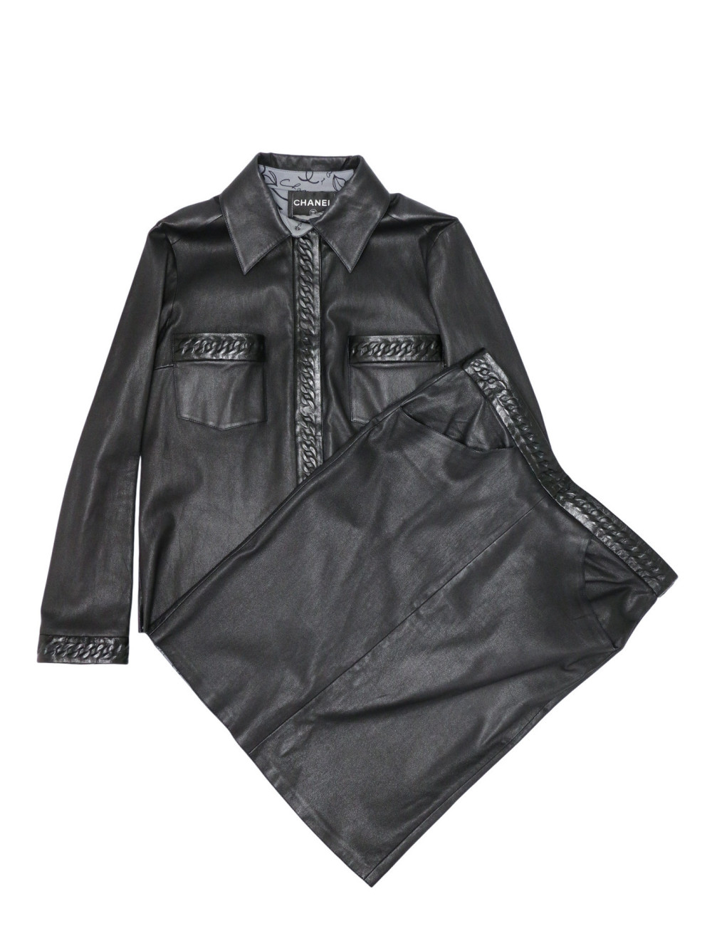 Ensemble en cuir Chanel Chemise jupe cuir d'agneau T48