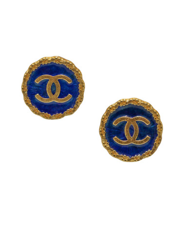 Boucles d'oreille CC bleues et dorées CHANEL