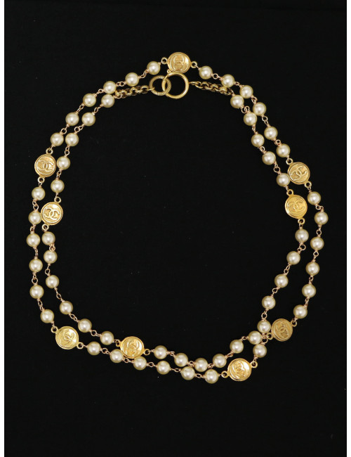 Collier Chanel vintage doré perles pâte de verre