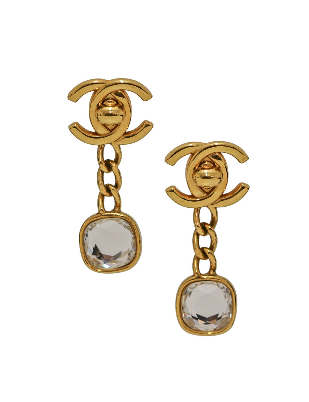 Boucles d'oreille Chanel turnlock pendantes dorées et strass