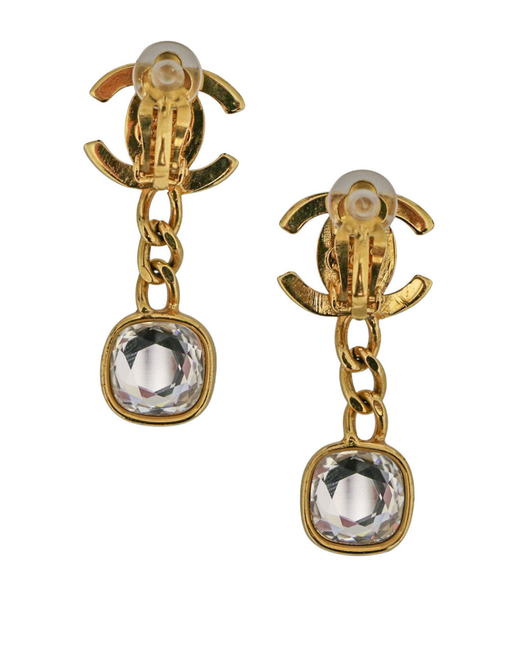 Boucles d'oreille Chanel turnlock pendantes dorées et strass