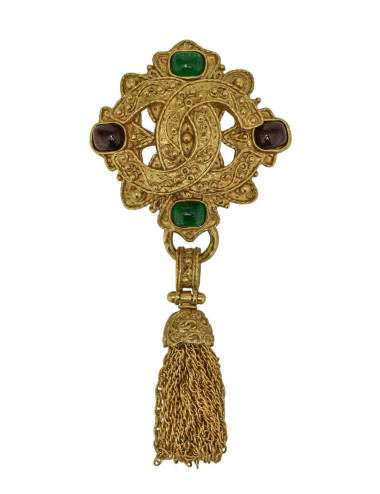 Broche Chanel vintage pâte de verre vert rouge