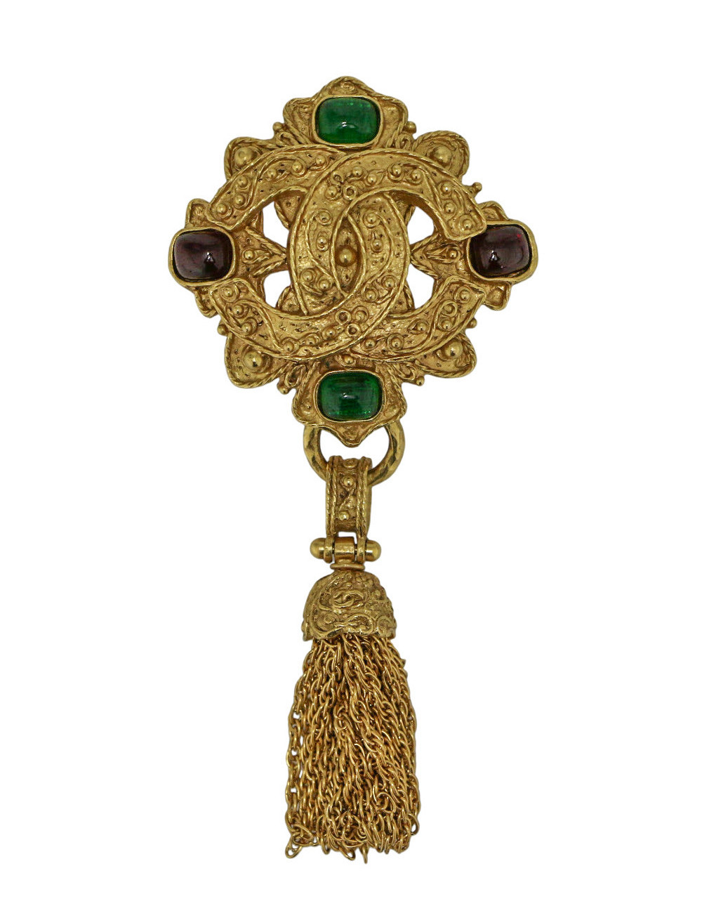 Broche Chanel vintage pâte de verre vert rouge
