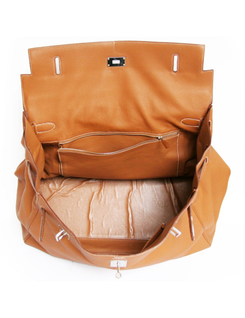 Sac Haut à courroies HERMES en cuir grainé camel