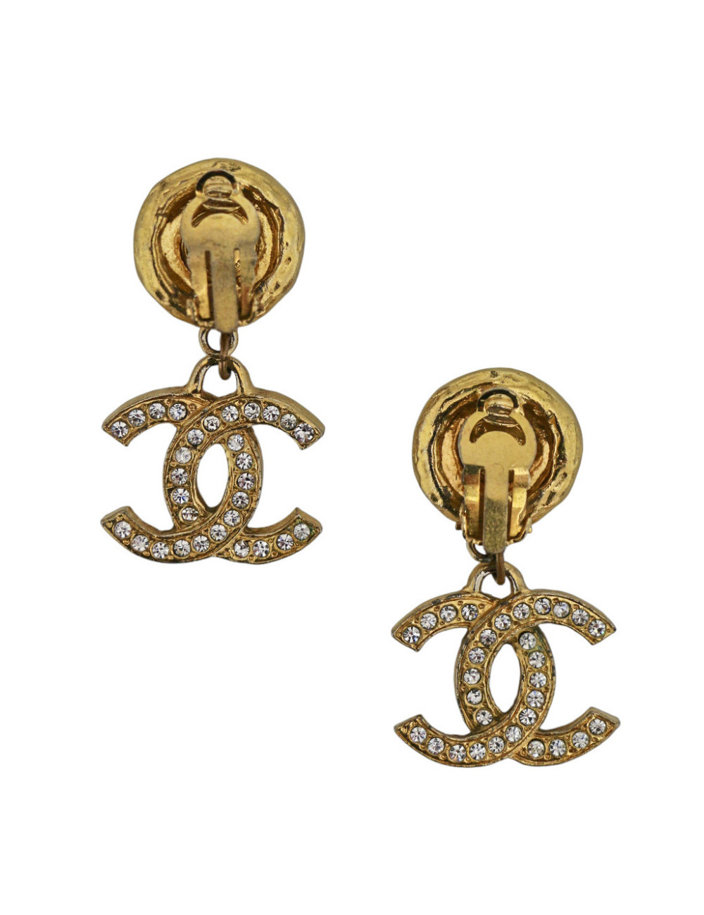 Boucles d'oreille pendantes Chanel dorées et strass